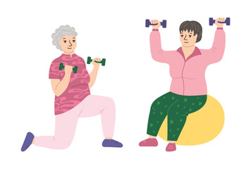 Elderly women doing sports exercises with dumbbells. Health exercise adult lady senoras on rehabilitation. characters old senoritas therapeutic fitness gymnastics, yoga class, Pilates vector design
