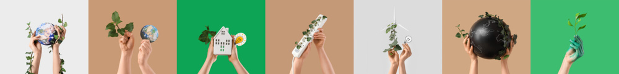 Collage of hands with models of planet Earth, green leaves, house and light bulbs on color background. Ecology concept