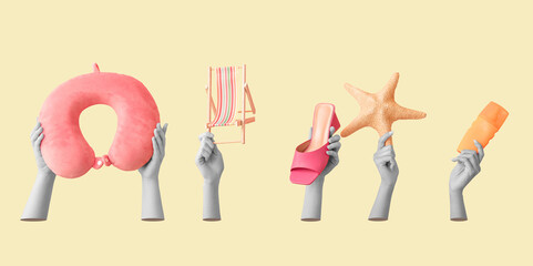 Female hands with miniature deck chair, travel pillow, sunscreen, starfish and heeled sandal on pink background. Travel concept.
