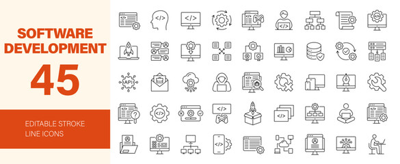 Software development icon set. Editable line icons. Vector illustration.