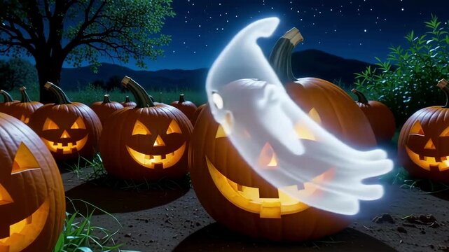 Halloween Night: Spooky pumpkin patch with glowing jack-o'-lanterns and a playful ghost. Eerie atmosphere under the night sky. 