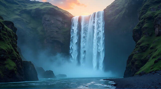 Majestic waterfall cascading down a verdant cliffside into a misty pool, illuminated by the soft glow of the setting or rising sun.