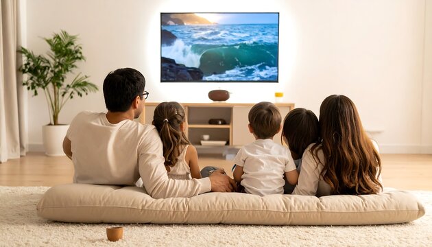 Family Watching Ocean Waves on TV in Living Room Together