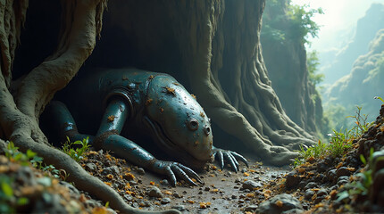 A metallic, robotic lizard rests in the roots of a large tree in a lush, green forest environment, with mountains visible in the background.