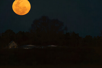 Circular red moon high in sky with surface pattern on background with copy-space,