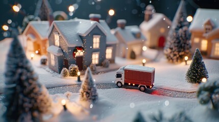 Miniature snowy village scene with red delivery truck at night, festive winter holiday concept, cozy small town Christmas