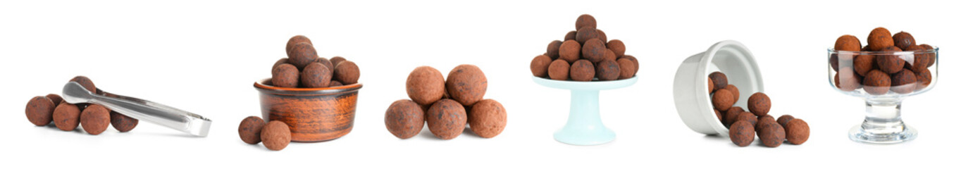 Set of sweet chocolate truffles on white background