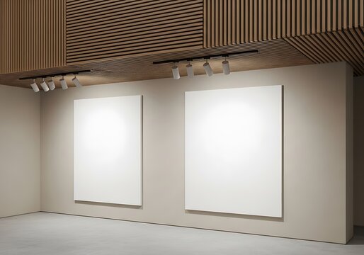 Modern art gallery with blank canvases and wood ceiling