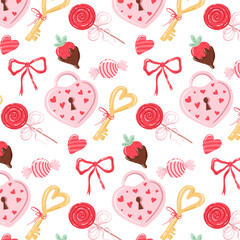 Romantic Love Elements Seamless Pattern. Valentines Day. Hand Drawn Flat Vector Illustration