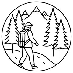 Hiker in a mountain landscape with trees in a circle