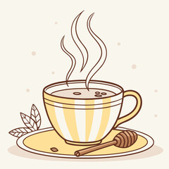 Honey dipper next to a cup of tea with steam and leaves illustration
