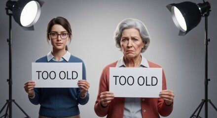 Two women holding "TOO OLD" signs under studio lights, facing the viewer