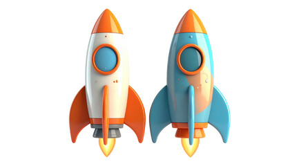 Two cartoon rockets, one white and one blue, take off with fiery flames against a dark background