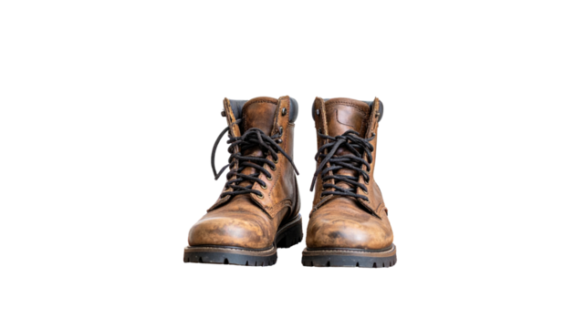 Worn, leather work boots are placed on a black backdrop. Leather is textured and has signs of wear