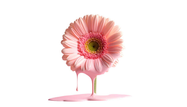 Pink gerbera daisy with pastel pink paint dripping. Isolated against black background. Soft, feminine, surreal