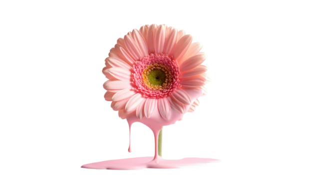 Pink gerbera daisy with pastel pink paint dripping. Isolated against black background. Soft, feminine, surreal