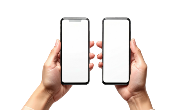 Two hands hold phones with blank white screens, against a black background, displaying devices