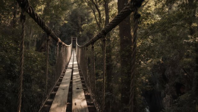 Fototapeta A rope bridge spans lush foliage, inviting passage through a dense forest, capturing serene nature