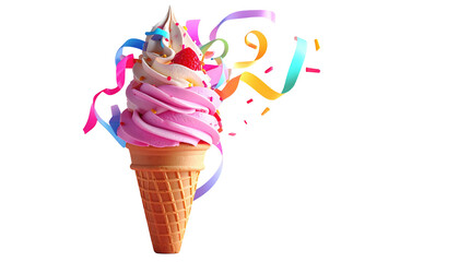 Swirled strawberry-vanilla ice cream cone with sprinkles and ribbons on a black background
