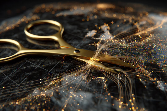 Golden scissors sever a stream of luminous data fibers over a world map, symbolizing tech decoupling, information disruption, and deglobalization.