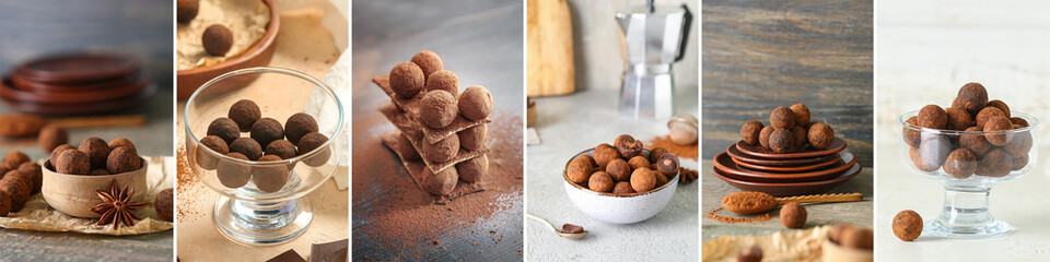 Collage of tasty chocolate candies on table