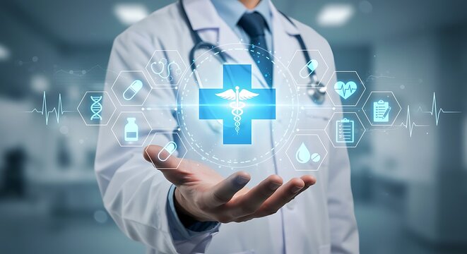 Doctor in white coat holding hand out with glowing blue medical icons and caduceus symbol healthcare