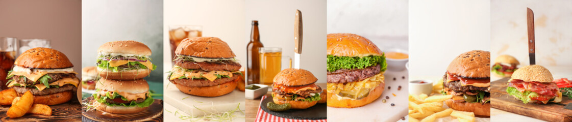 Collage of many tasty burgers on table