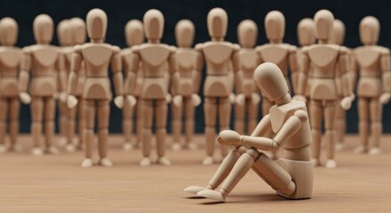 Wooden figure sits in sorrow, surrounded by standing wooden figures