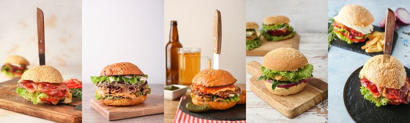 Collage of many tasty burgers on table