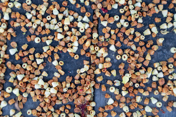 Dried corn kernels spread out for preserving harvest abundance