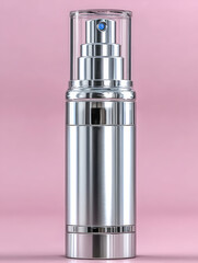 Close-up of a modern silver refillable cosmetic spray pump with clear protective cap on a pink background for beauty skincare and fragrance packaging