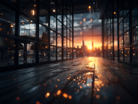 Modern glass corridor with metal framework overlooking cityscape du sunset with warm lighting and reflections creating a futuristic urban atmosphere