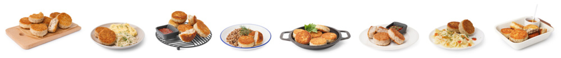 Set of tasty cutlets on white background