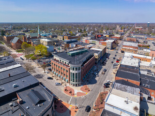 Historic commercial buildings aerial view on Monroe Street in historic downtown Monroe, Michigan...