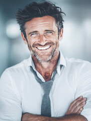 Fototapeta premium Friendly mature man with beard smiling confidently in casual shirt and tie, showing approachable demeanor, professional appearance, and positive attitude outdoor