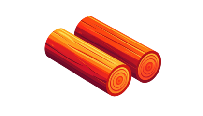 Two cylindrical, isometric logs with concentric rings, shaded in warm hues on a stark black backdrop