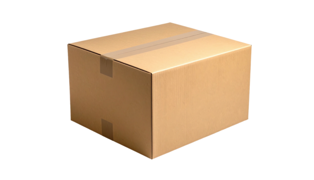 Angled view of a sealed, brown, corrugated cardboard box isolated against a stark black background