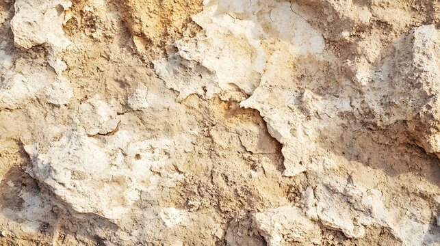 Close up of textured limestone rock with rough edges and varied tan and beige colorations is illuminated softly.