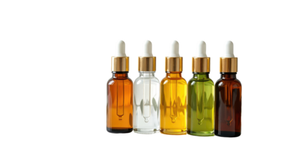 Five dropper bottles filled with different colored liquids against a black background, side by side