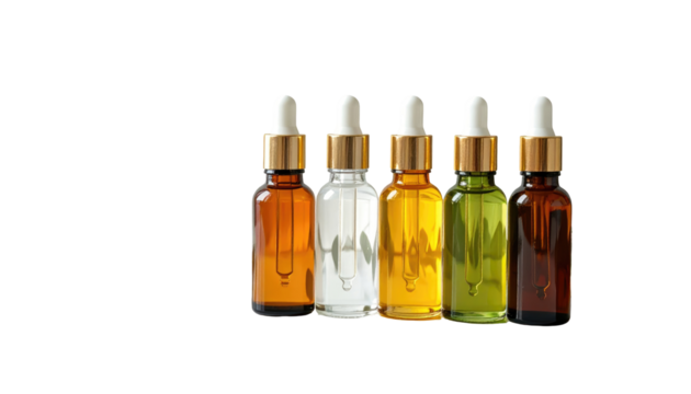Five dropper bottles filled with different colored liquids against a black background, side by side