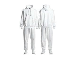 White hoodie tracksuit front back view, displayed on a plain background, ideal for branding, apparel mockups, or custom clothing design presentations.