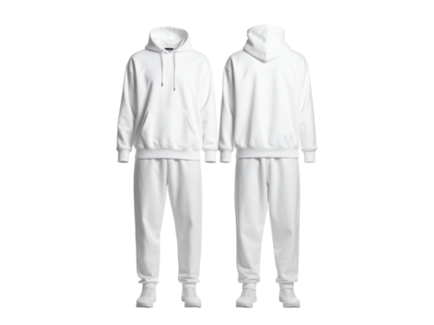 White hoodie tracksuit front back view, displayed on a plain background, ideal for branding, apparel mockups, or custom clothing design presentations.