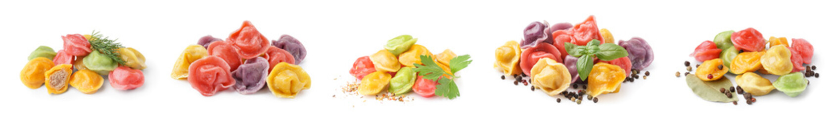 Set of colorful dumplings on white background