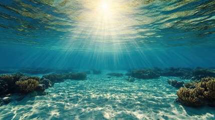 Bright sunlight beams penetrate clear ocean water, illuminating vibrant coral reefs below