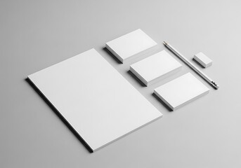 Clean stationery mockup with blank paper business cards and pencil