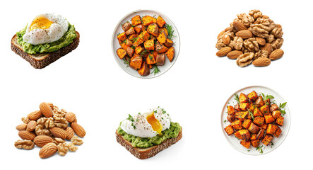 A plate of avocado toast with a poached egg, roasted sweet potatoes, and walnuts on a white plate.