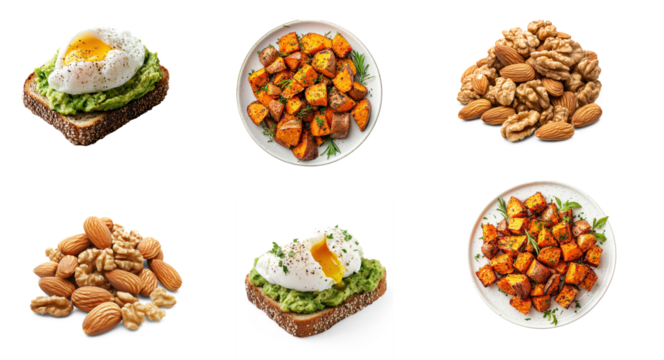 A plate of avocado toast with a poached egg, roasted sweet potatoes, and walnuts on a white plate.