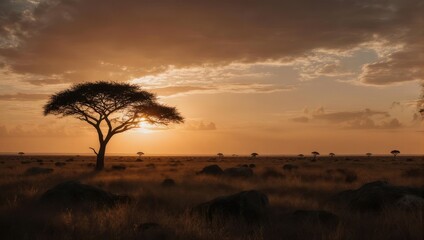 African savanna at sunset. Solitary tree silhouette, golden light, scattered boulders, and low horizon