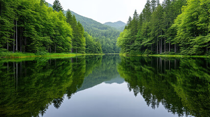 Serene green forest reflections on still lake create peaceful morning atmosphere