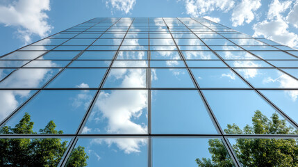 Reflective glass building with blue sky and clouds, showcasing modern architecture and nature